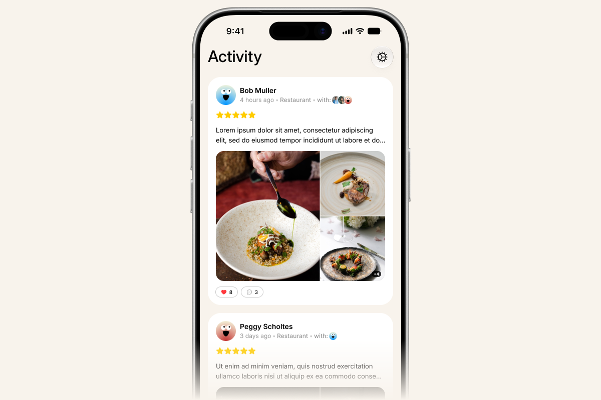 Gourmap app screens showing a restaurant map and visit log